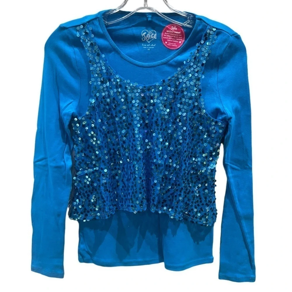 Justice Blue Sequin Long Sleeve Tee Girl's Size 12